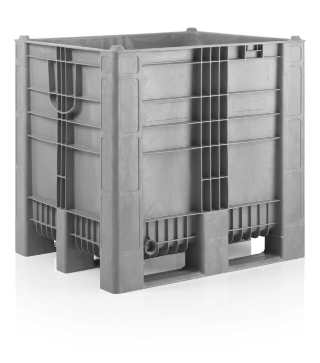 Plastic Pallet Box (Grey 1000L, Solid Sides, 1200x1000x1140mm)